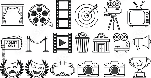 Cinema icons, film reel, movie camera, theater stage, popcorn, cinema building, projector, megaphone, comedy mask, tragedy mask, entertainment symbols