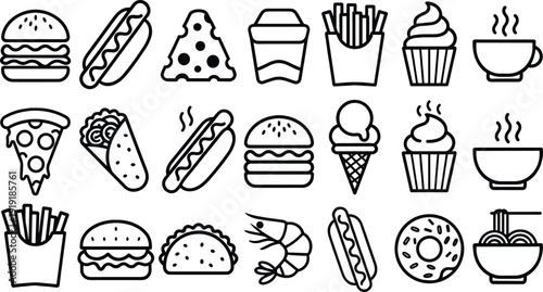 Fast food icons, hamburger, hot dog, pizza, taco, donut, cupcake, noodles, soup, shrimp, burrito, fries, beverage, snack, illustration