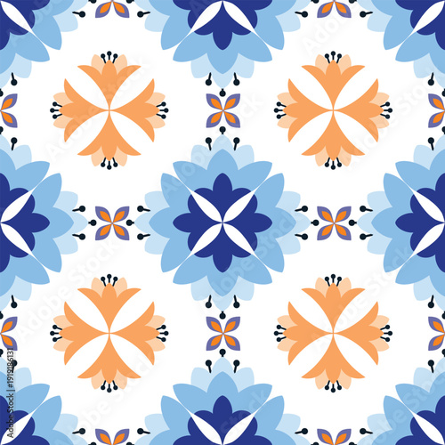 Mediterranean Blue and Orange Floral Ceramic Tile Pattern