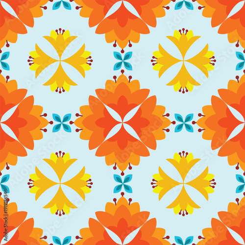 Vibrant Orange Summer Floral Mosaic Seamless Background
