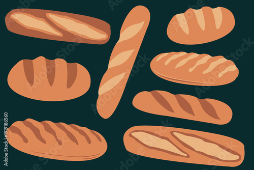Pastries, bread, loaves of various shapes, a set of bakery products. Vector drawing of baking on a dark background.