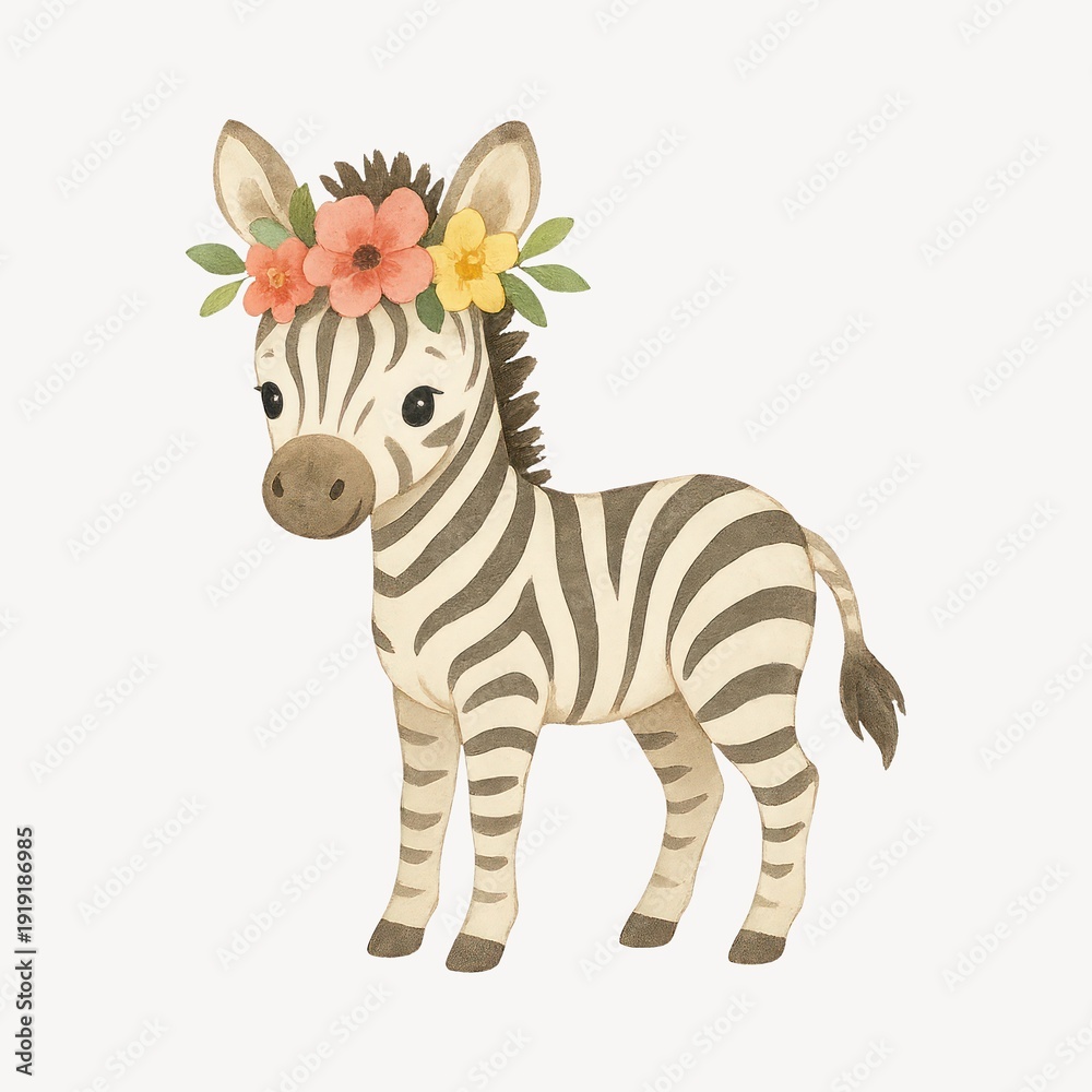 Fototapeta premium Cute zebra with floral crown.