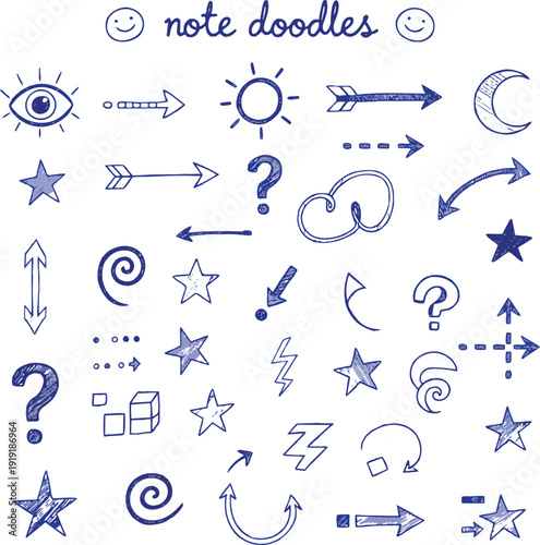 A collection of blue note doodles and symbols