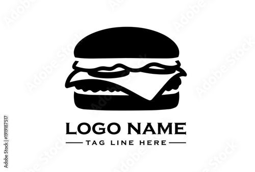Monochrome icon of a hamburger with sunglasses and lipstick, featuring a logo name and tag line on a clean white background.
