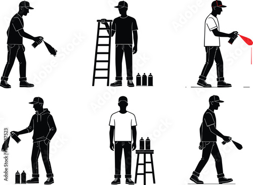 Graffiti artist silhouette illustration, spray paint artwork, black and white design, street art concept, creative posture drawing, urban culture, expressive