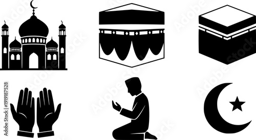 Islamic religious icons set featuring mosque, Kaaba, crescent moon, star symbols for Ramadan, Eid, Hajj