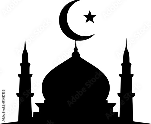 Minimal Islamic mosque line art silhouette with crescent moon and minarets 