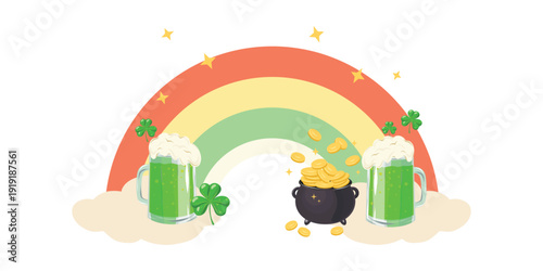 Rainbow Patrick, Pot, Pints, and Rainbow. St. Patrick’s Rainbow Scene Illustration