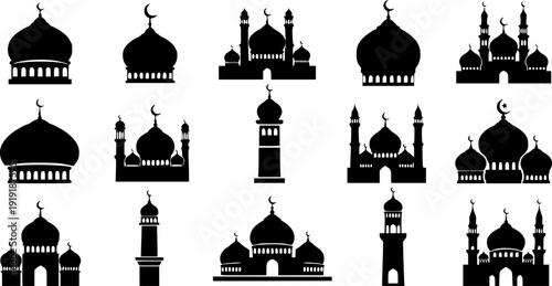 Islamic mosque silhouette icon set featuring domes arches minarets for Ramadan