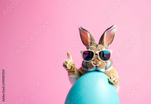 easter bunny with easter eggs. easter bunny pointed to a blank egg for text on pink background