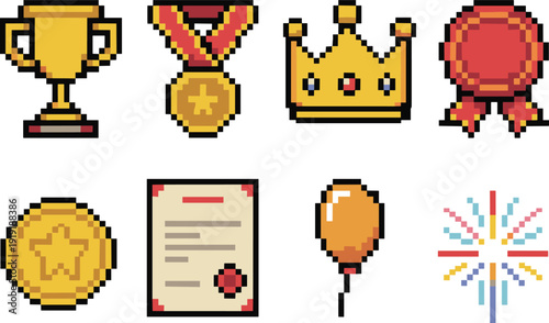 Pixel trophy medal crown certificate balloon and fireworks gold trophy gold medal