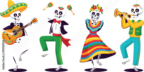 Dia de los Muertos skeleton dancers set with mariachi guitar, trumpet and Mexican fiesta costumes