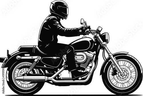 Black and white vintage motorcycle rider vector illustration, classic cruiser motorbike with helmeted biker side view silhouette