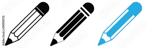 Pencil Icon Set: Vector collection of writing tool symbols in line, solid, and color styles isolated on white.