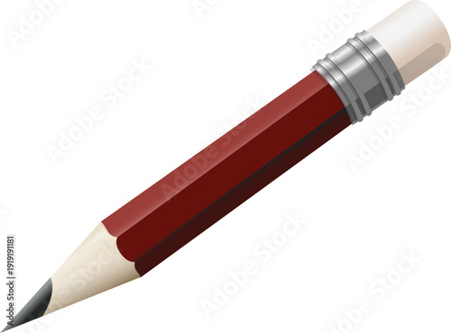 Red wooden pencil with silver ferrule and white eraser.