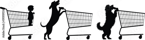 Black silhouettes of child and dogs with shopping carts white background