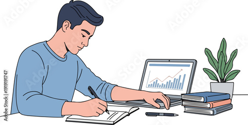 A young adult male student sits at a desk, taking notes with a pen and using a laptop with a graph on the screen, surrounded by books and a potted plant on a plain background with a