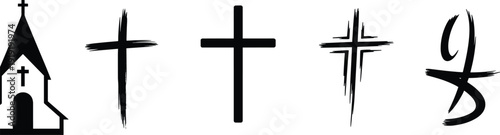 Black and white church steeple with crosses and abstract cross