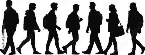 Seven people walking in black silhouette on white background silhouettes