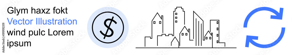 Obraz premium Finance, urban planning, economic growth, sustainability, city investments, modern development. Black and white urban skyline with dollar icon and blue refresh symbol. Finance and urban planning idea