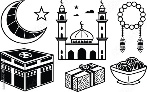 Set of vector icons and architectural illustrations featuring world landmarks, monuments, and religious buildings like churches, mosques, and temples for Asian travel, culture, and city tourism design