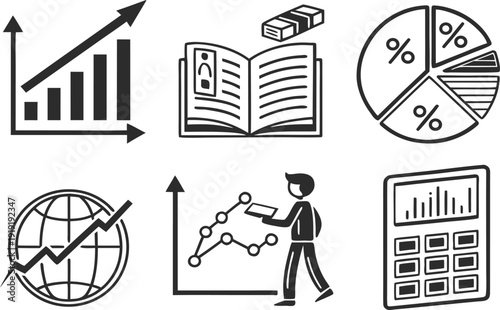 A professional business finance illustration featuring a businessman analyzing success graphs and a money calculator with technology vector icons and communication arrows for a design symbol set