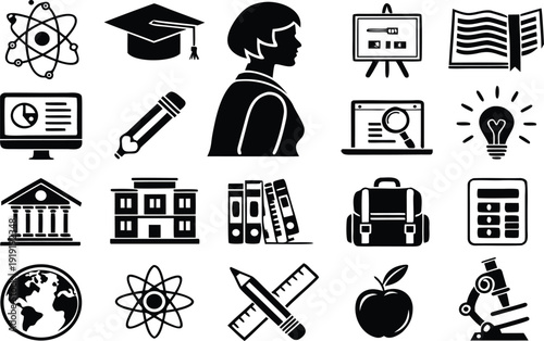 Black silhouette vector illustration of an education and school icon set featuring a comprehensive web pictogram sign and symbol design for business or travel applications
