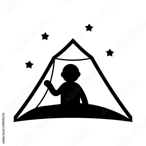 A silhouette of a person sitting inside a tent gazing up at the starry night sky Vector