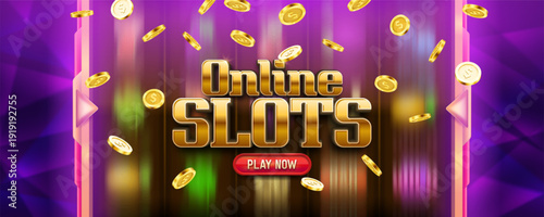 Online Slots. Casino banner with slot machine and golden coins on a bright background. Vector illustration.