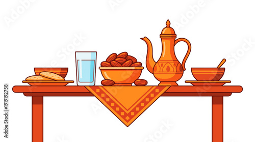 A traditional table setting with a pitcher and dates for Ramadan celebration