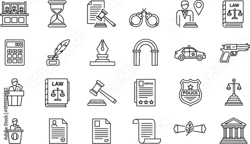 Law and justice icons with gavel, handcuffs, scales, and police badge courtroom judge