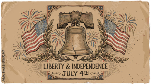Vintage illustration with the Liberty Bell and American flags celebrating the Fourth of July
