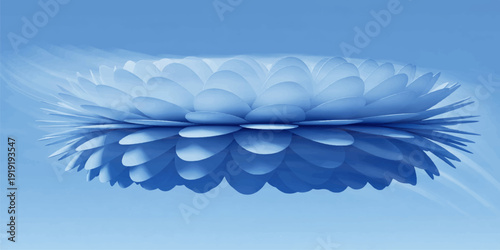 A 3d vector illustration of soft white bird wings and feathers flying across a blue sky background as a nature design inspired by a dove or angel