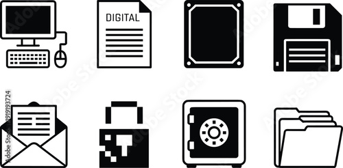 Collection of black and white representing computer hardware data storage and security