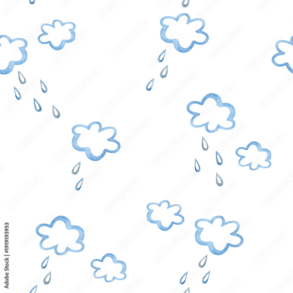 Obraz premium Simple watercolor drawing of clouds and rain drops. Seamless pattern for spring background, wallpaper, kids fabric print, template, banner, backdrop, packaging.