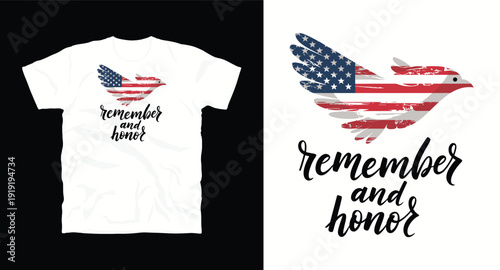 Remember and honor memorial day t-shirt design with flying bird silhouette in american flag pattern