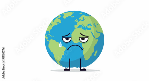 A cartoon globe with a sad expression and a tear drop on its cheek stands alone on a plain white background with a worried mood.