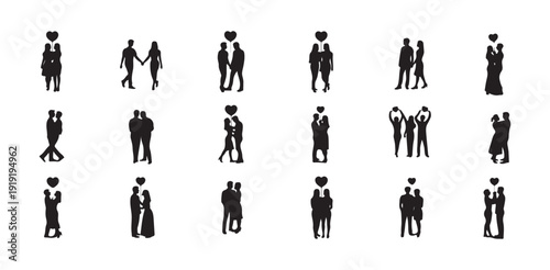 Large collection of black couple silhouettes with heart balloons for valentine's day and love