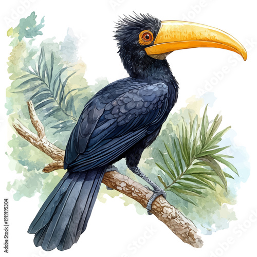 Hornbill, delicate painting watercolor vector with vivid brush accents, isolated on a white background.