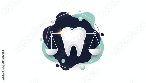 Dental care logo with scales of justice symbolizing balance and fairness.