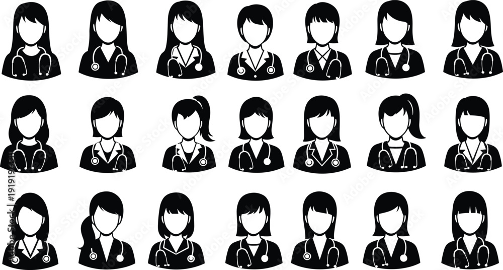 Obraz premium Female medical professional silhouette illustration set, diverse healthcare workers in lab coats with stethoscopes, medical staff theme - flat vector illustration