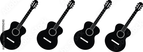 Black acoustic guitar silhouette set isolated on white background, classical musical instrument vector illustration collection for design projects branding templates