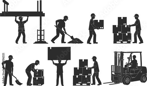 Warehouse worker silhouette illustration, manual labor artwork, logistics activity design, construction concept drawing, black and white art, industrial tasks