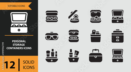 Personal storage container solid icons everyday organization concepts