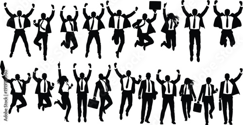 Business professional celebration silhouette vector illustration, corporate success with jumping executives holding briefcases - achievement and motivation artwork