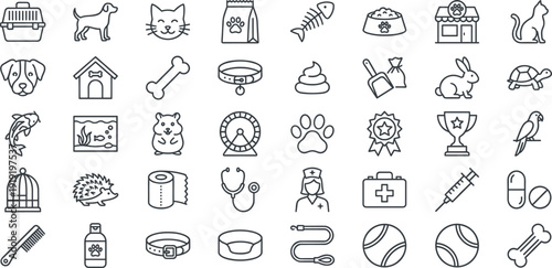 Collection of Pet Care and Animal Icons with Line Art Style vector illustration