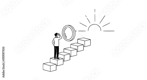 Minimalist black and white illustration depicting a determined businessman climbing steps toward a large shining coin representing financial opportunity and success aspiration