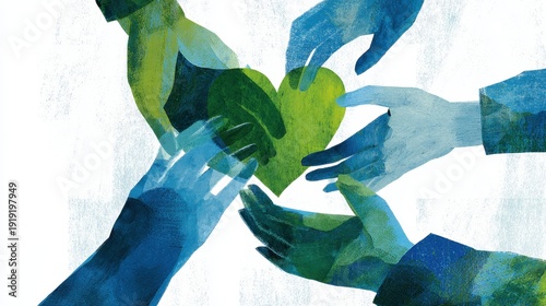 Multiple hands joining around a green heart symbolizing community environmental cooperation for charity campaign banner poster ,National Donate Life Month