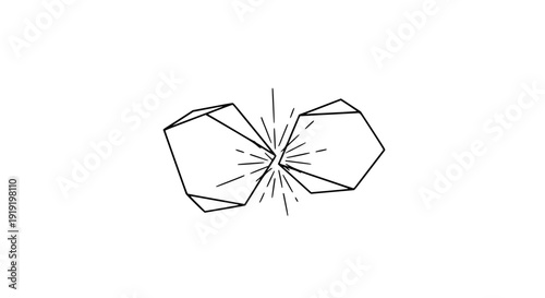 Abstract line art graphic illustrating two geometric faceted crystal shapes colliding or impacting sharply creating a central burst effect symbol