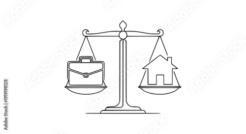 Conceptual line art illustrating the crucial comparison between professional career priorities and personal residential stability using a classic balanced scale symbol.